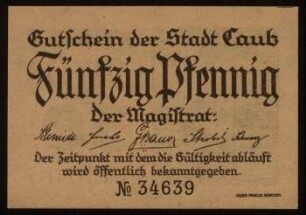Gutschein der Stadt Caub Fünfzig Pfennig