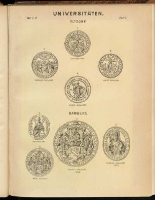 Taf. 1. Altdorf 1. Universität. - 2. Theolog. Facultät. - 3. Jurist. Facultät. - 4. Medic. Facultät. - Bamberg 5. Universität. - 6. Theolog. Facultät 1652. - 7. Jurist Facultät 1746. - 8. Medic. Facultät