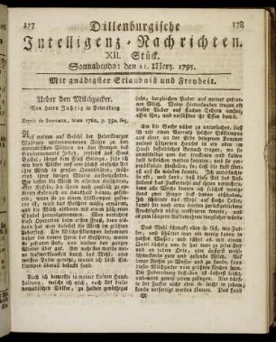 XII. Stück. Sonnabends: den 21. Merz. 1795.