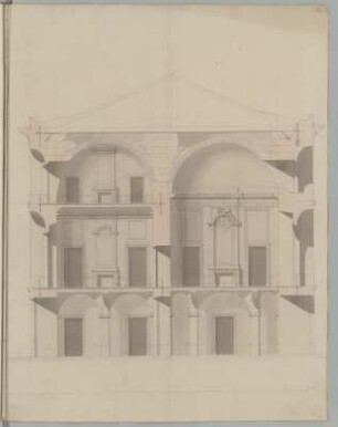 Schloss, Entwurf, Querschnitt : Schloss, Entwurf, Querschnitt, unbekannter Zeichner, 18. Jh. Graphit, Pinsel in Wasserfarbe/Papier. 50,5 x 39 cm. Maßstab ohne Maßeinheit. Vgl. Bl. 20 + 21, Fassadenrisse.