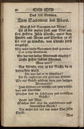 Das XII. Examen. Vom Sacrament des Altars