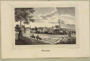 Ortsansicht von Staucha bei Lommatzsch in Sachsen, aus Sachsens Kirchen-Galerie von Hermann Schmidt, 1840, Bd. 3, 1. Ansicht