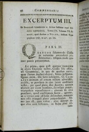 Excerptum III. Commentarij Instituti Bononiensis.