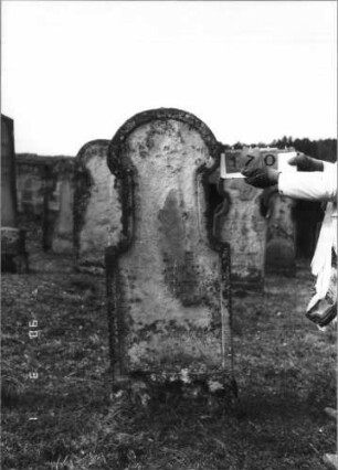 Grabstein 170 (Index: 100115097) Material: Sandstein Zustand: sehr stark verwittert mit fast totalem Textverlust Maße HxBxT: 146x48x12 cm Beschreibung: Stele mit Hufeisenbogen und sehr langem Hals: Grabstein 170
