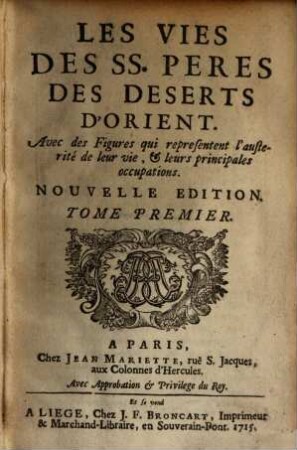 Les Vies Des SS. Peres Des Deserts D'Orient, 1