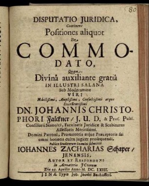 Disputatio Iuridica, Continens Positiones aliquot De Commodato