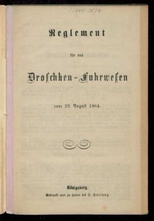 Reglement für das Droschken-Fuhrwesen vom 23. August 1864
