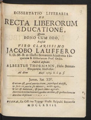 Dissertatio Literaria De Recta Liberorum Educatione