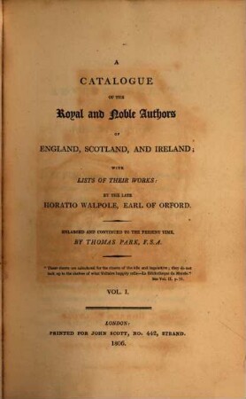 A catalogue of the royal and noble authors of England, Scotland and Ireland : with lists of their works, 1