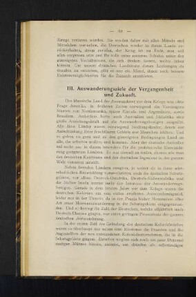III. Auswanderungsziele der Vergangenheit und Zukunft.