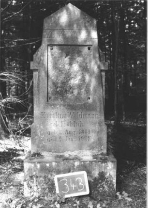 Grabstein 343 (Index: 99895735) Material: Sandstein Zustand: gut, Schriftplatte fehlt Maße HxBxT: 155x61x23 cm Beschreibung: konische Stele mit giebelartigem Abschluss und seitlichen Streben; Sockel; rechteckige Schriftplatte (fehlt): Grabstein 343
