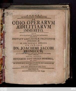 Schediasma Jvridicum De Odio Operarvm Aedilitiarvm Immerito