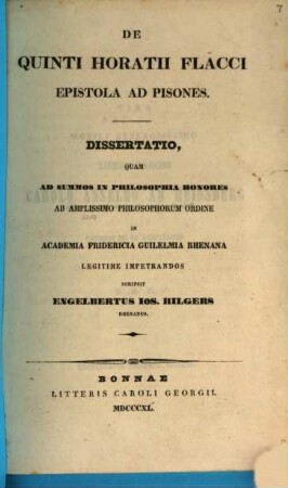 De Quinti Horatii Flacci Epistola ad Pisones