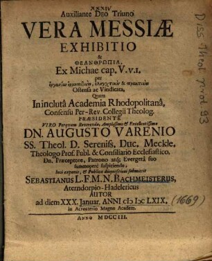 Vera Messiae Exhibitio & Theanthrōpia Ex Michae cap. V. V.I. ... ostensa ac Vindicata