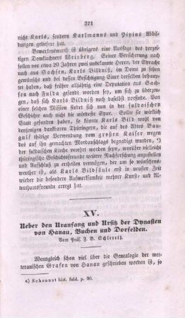 XV. Ueber den Uranfang und Ursitz der Dynasten von Hanau, Buchen und Dorfelden.