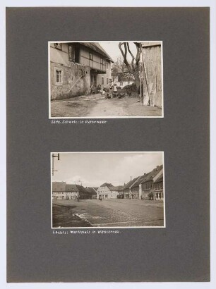 Referenzmappe 3/17 des Fotografen Walter Möbius : Mappenblatt 22 mit zwei Fotografien (Bauernhof in Rathewalde und Marktplatz in Wittichenau)