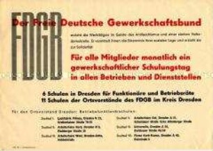 Propagandaflugblatt des FDGB mit der Forderung nach einem monatlichen Schulungstag für Gewerkschaftsmitglieder