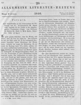 Stahl, F. J.: Zwei Sendschreiben an die Unterzeichner der Erklärung vom 15., beziehungsweise 26. August 1845. Zugleich als ein Votum in der Augsburgischen Confessions-Frage. Berlin: Schroeder 1845