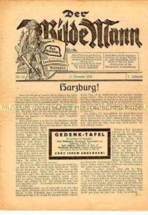 Mitteilungsblatt des Stahlhelm-Landesverbandes Harzgau "Der Wilde Mann" zur Gründung der Harzburger Front
