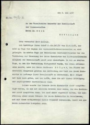 W. Wrede an Gesellschaft der Wissenschaften Göttingen