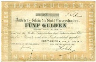 Geldschein / Notgeld, 5 Gulden, 31.7.1870