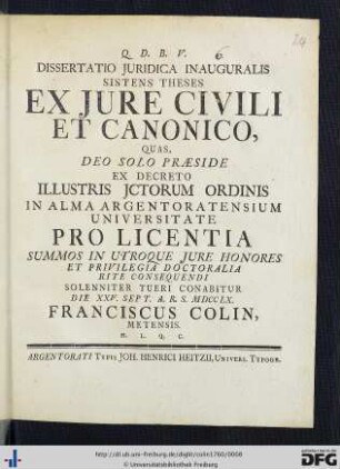 Dissertatio Juridica Inauguralis Sistens Theses Ex Jure Civili Et Canonico