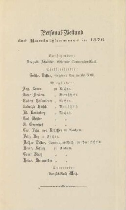 Personal-Bestand der Handelskammer in 1876.