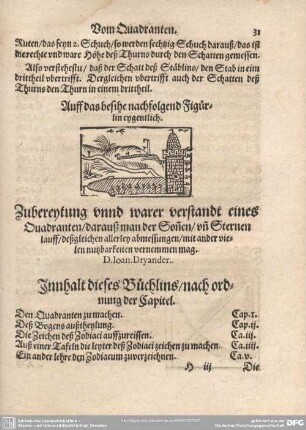 zubereitung unnd warer verstandt eines Quadranten/ darauß man der Sonnen/ und Sternen lauff/ deßgleichen allerley abmessungen/ mit ander vielen nutzbarkeiten vernemmen mag.
