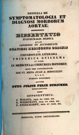 Nonnulla de symptomatologia et diagnosi morborum aortae : Dissertatio inauguralis medica