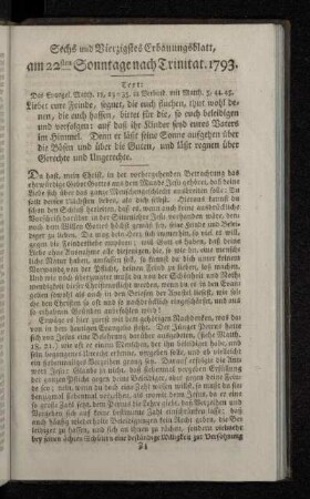 Sechs und Vierzigstes Erbauungsblatt, am 22sten Sonntage nach Trinitat. 1793.