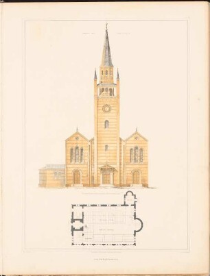 Kirche mit 1500 Sitzen: Ansicht, Grundriss (aus: Entwürfe zu Kirchen, Pfarr- und Schulhäusern, hrsg. von der Kgl. Preuß. Oberbaudeputation, 1845-1855)