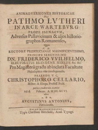 Animadversiones Historicae De Pathmo Lutheri In Arce Warteburg Prope Isenacum, Adversus Pallavicinum & alios historiographos Romanenses