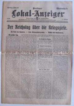 Tageszeitung "Berliner Lokal-Anzeiger" zur Reichstagssitzung über die Kriegsziele Deutschlands