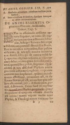 De Animi Essentia Opiniones Platonis, Aristotelis, Galeni, Cap. I.