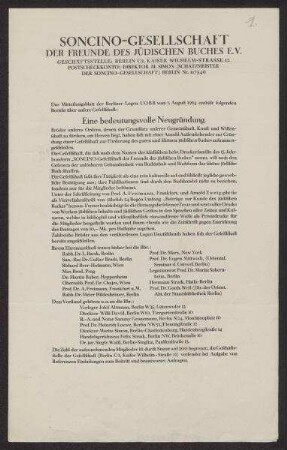 Auszug aus dem Mitteilungsblatt der Berliner Logen U.O.B.B. als Beilage zu einem Brief der Soncino-Gesellschaft an Logenbrüder zur Mitgliederwerbung
