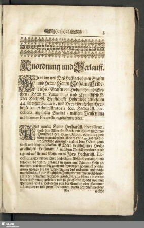 Leichenpredigt : Anordungung und Verlauff. Hochgräfl. Leichprocession