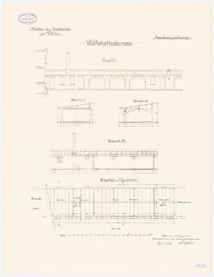 Gefängnis, Wohlau: Wirtschaftsschuppen: Grundriss Erdgeschoss, Sparrenlage, Aufriss, Längsschnitt, Querschnitte 1:100