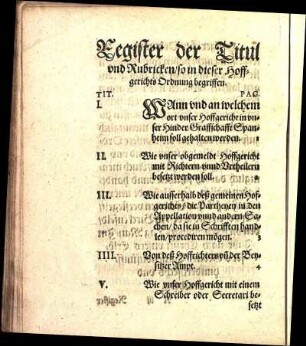 Register der Titul vnd Rubricken / so in dieser Hoffgerichts Ordnung begriffen.