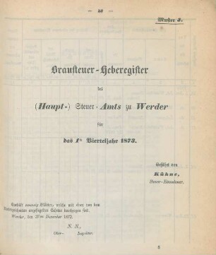 Muster J. Brausteuer-Heberegister des (Haupt-) Steuer-Amts zu Werder für das 1te Vierteljahr 1873