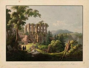 Die Klosterruine und der Friedhof auf dem Berg Oybin im Zittauer Gebirge mit einer Beerdigungszeremonie