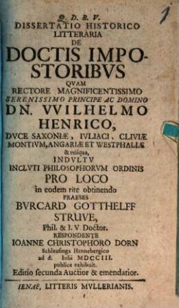 Dissertatio Historico Litteraria De Doctis Impostoribvs
