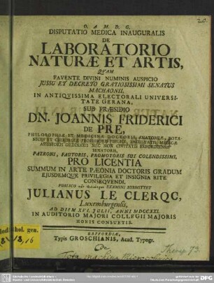 Disputatio Medica Inauguralis De Laboratorio Naturae Et Artis