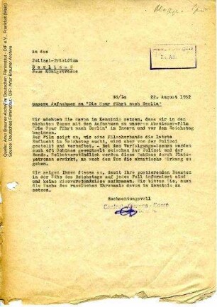 Brief von CCC an Polizeipräsidium Berlin, 22.08.1952