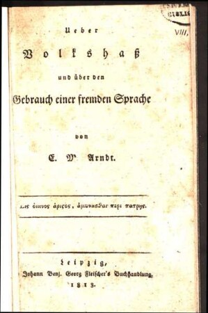 Ueber Volkshaß und über den Gebrauch einer fremden Sprache