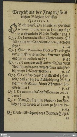Verzeichnis der Fragen, so in diesem Büchlein begriffen
