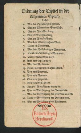 Ordnung der Capitel in der Allgemeinen Sprach-Lehr.