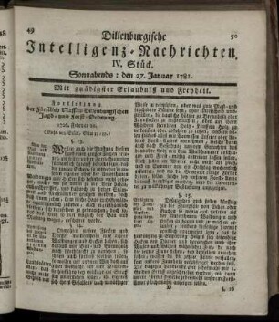 IV. Stück. Sonnabends: den 27. Januar 1781.