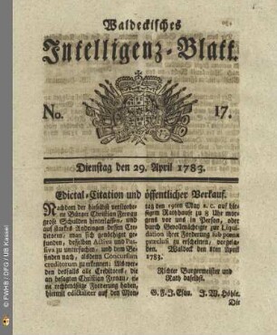 No. 17, Dienstag den 29. April 1783