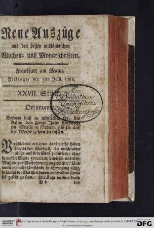 (XXVII. Stück. Freitags, den 1ten Julii - XXXI. Stück. Freitags, den 29ten Julii)