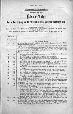 Übersicht der in der Sitzung gefaßten Beschlüsse u.s.w. (386.), 11. September 1907